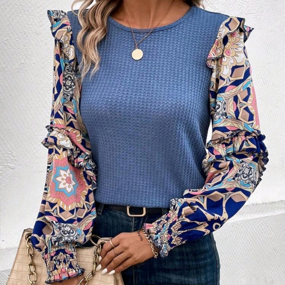 Paisley Print Ruffle Trim Smocked Cuff Lantern Sleeve Waffle Top Blouse Shirt